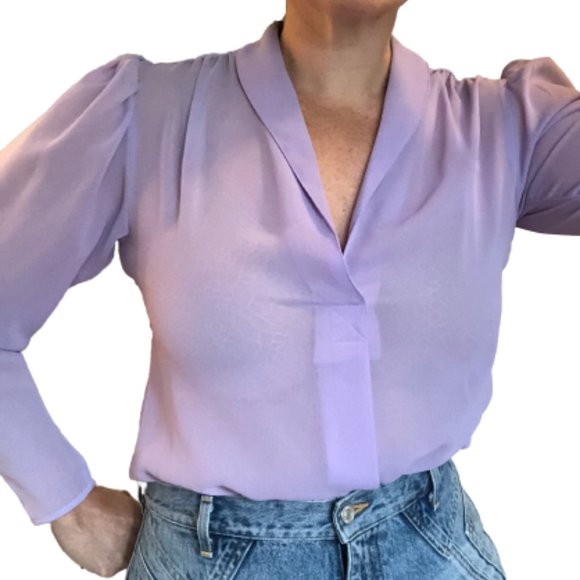 Vintage 80s Sheer Ethereal Lavender Puff Sleeve V-Neck See Through Tunic Blouse - Picture 12 of 13